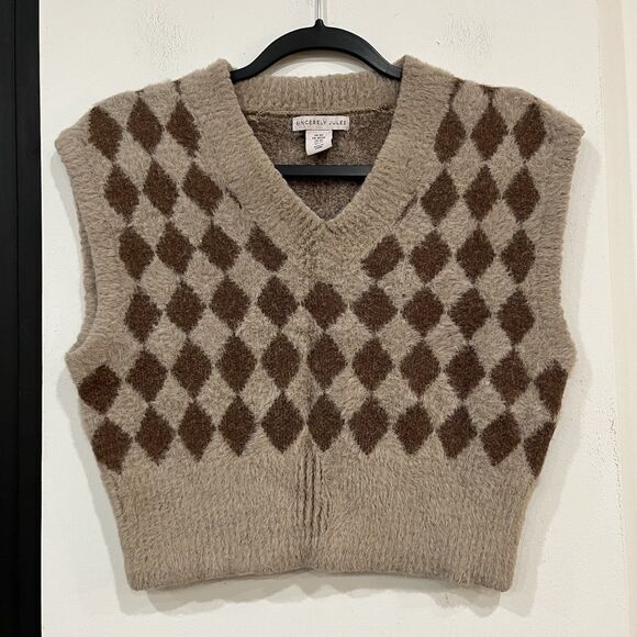 Sincerely Jules Sweaters - Sincerely Jules Brown Argyle Diamond Fuzzy Sweater Vest V Size XS Preppy